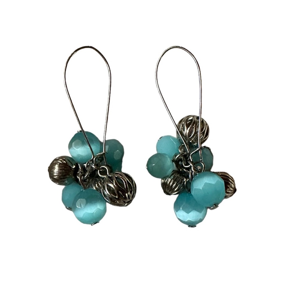 Silver Tone Beaded Dangle Statement ‎ Earrings w/ Faux Torquoise